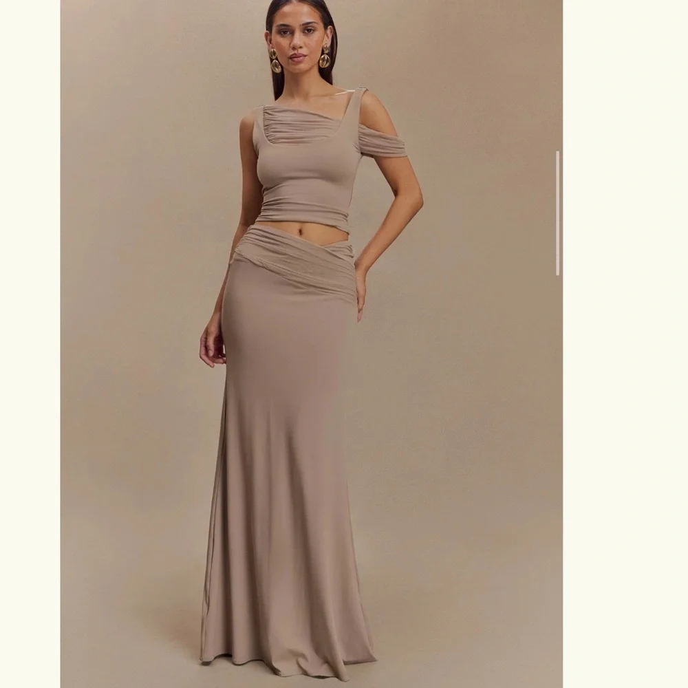 (SOLD) Meshki ~ Jules ~ Recycled Nylon And Mesh Maxi Skirt - Taupe - Picture 3 of 10
